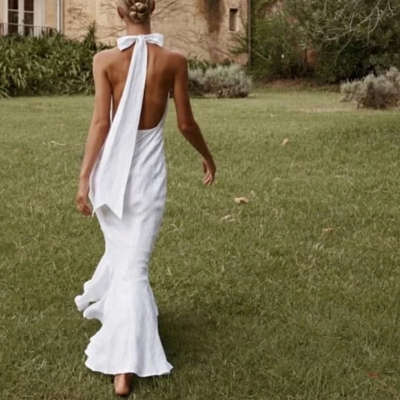 NWT Dissh Aisle White Linen High Neck Maxi Dress Gown Halter White Classic - Picture 5 of 11